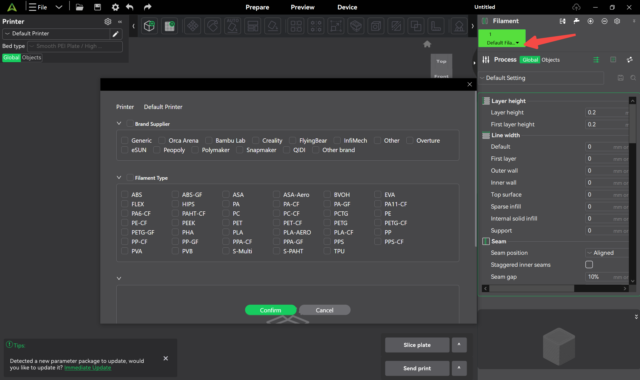 how to select your filaments in creality print