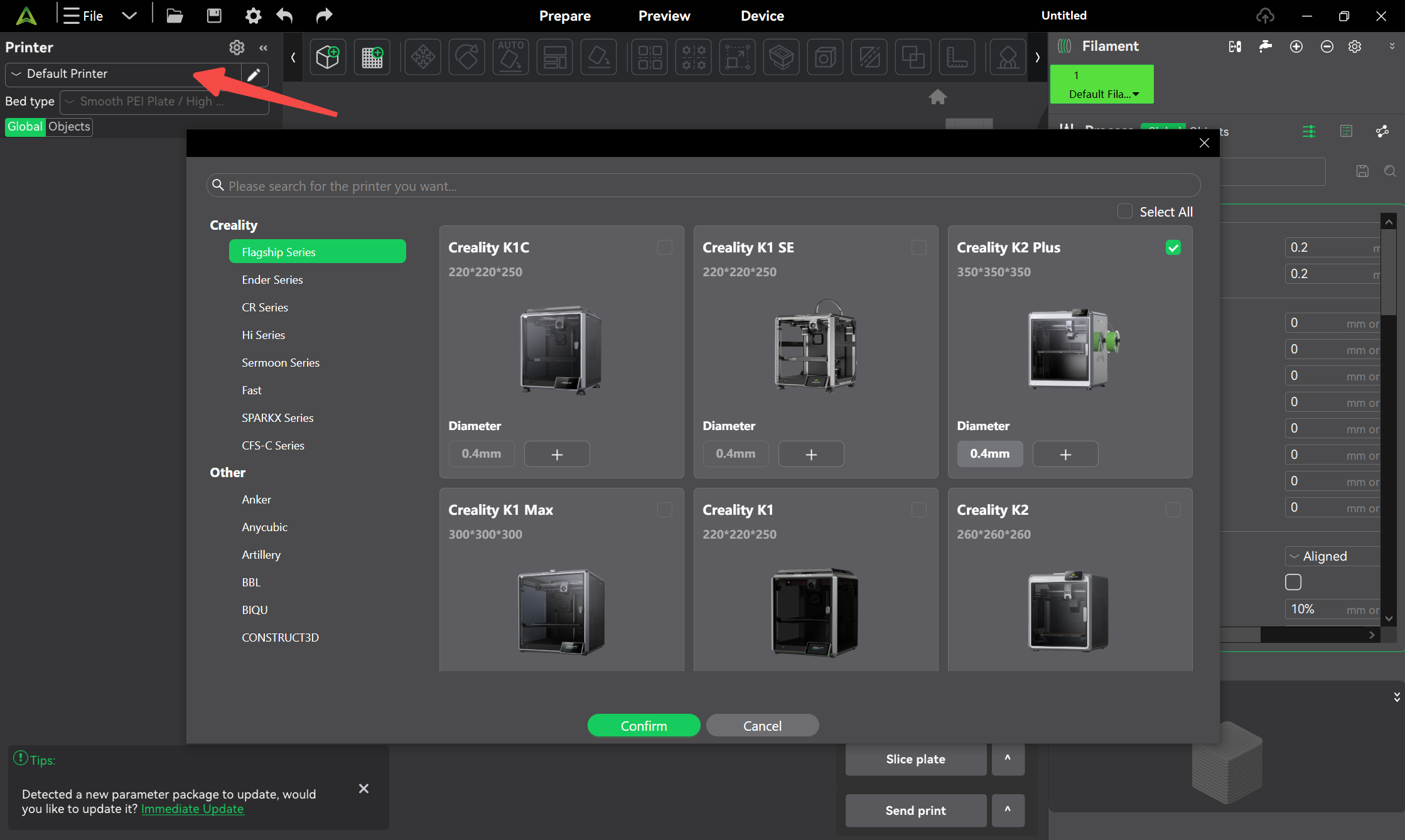 how to select a 3d printer in creality print