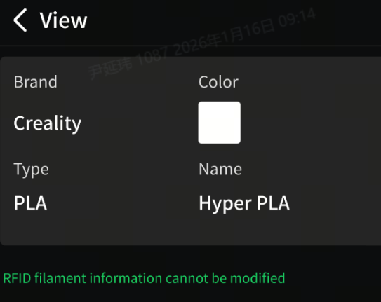 RFID filament information cannot be modified