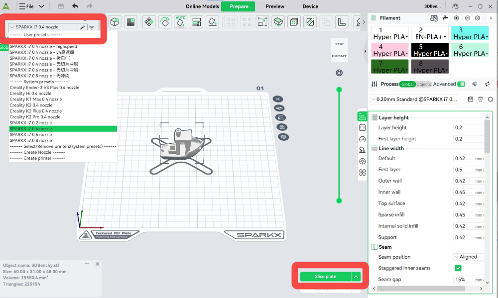 select the printer model SPARKX i7