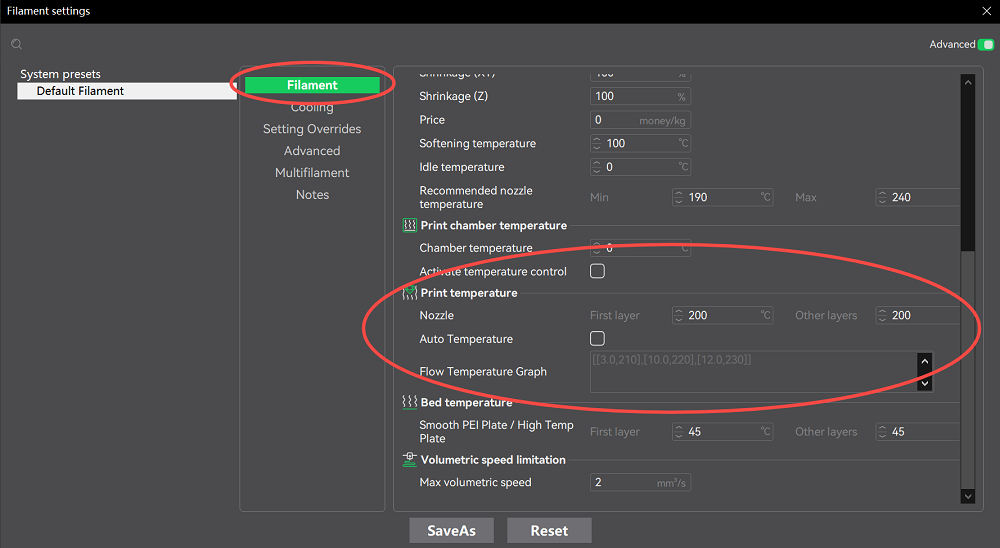Температура печати