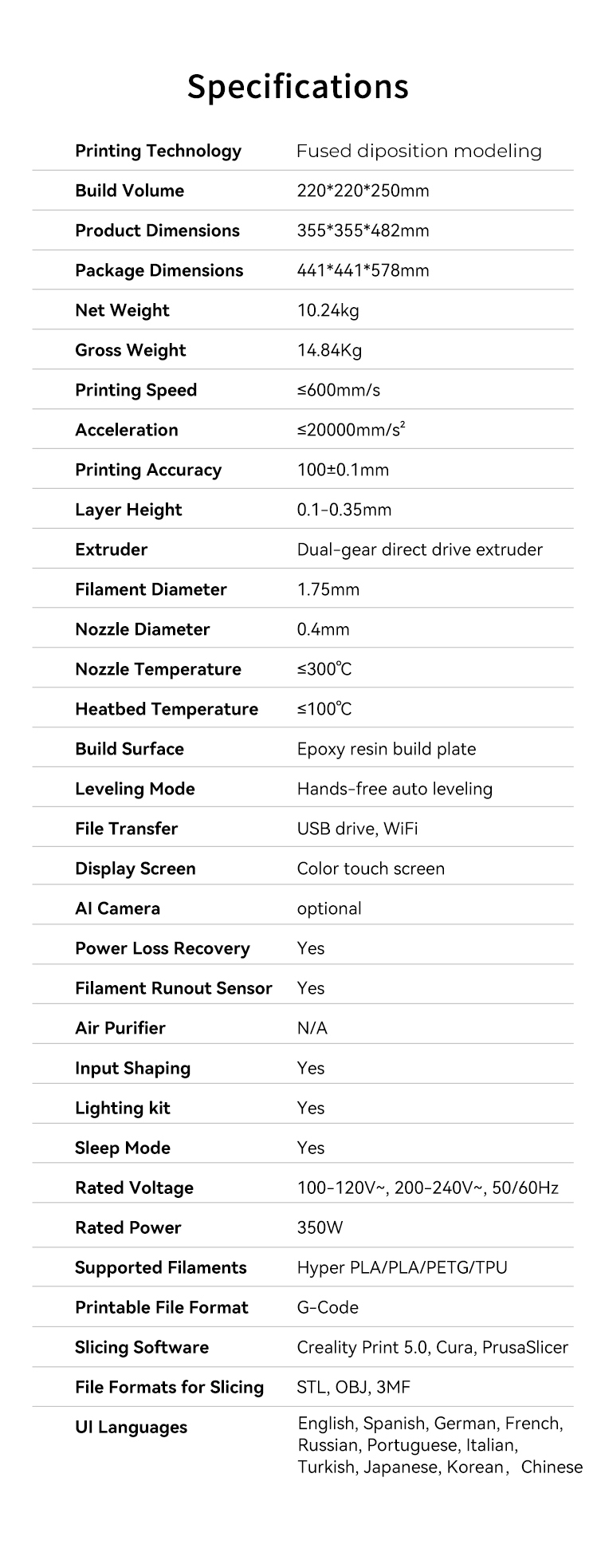 3D printer specifications